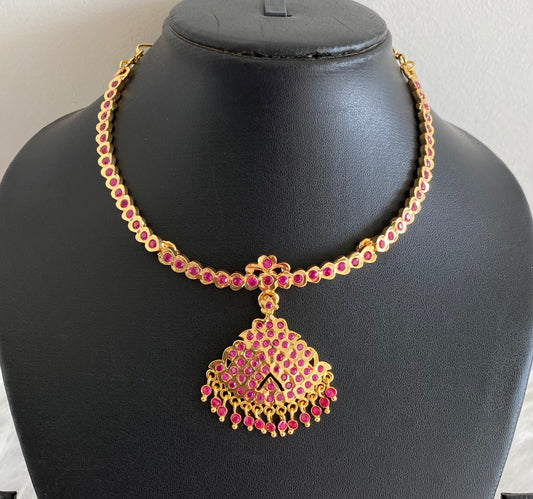 Gold tone south indian AD pink stone necklace dj-53900