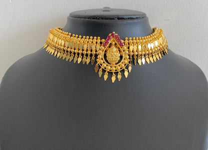 Gold tone kerala style elakka maroon stone lakshmi choker necklace dj-54547