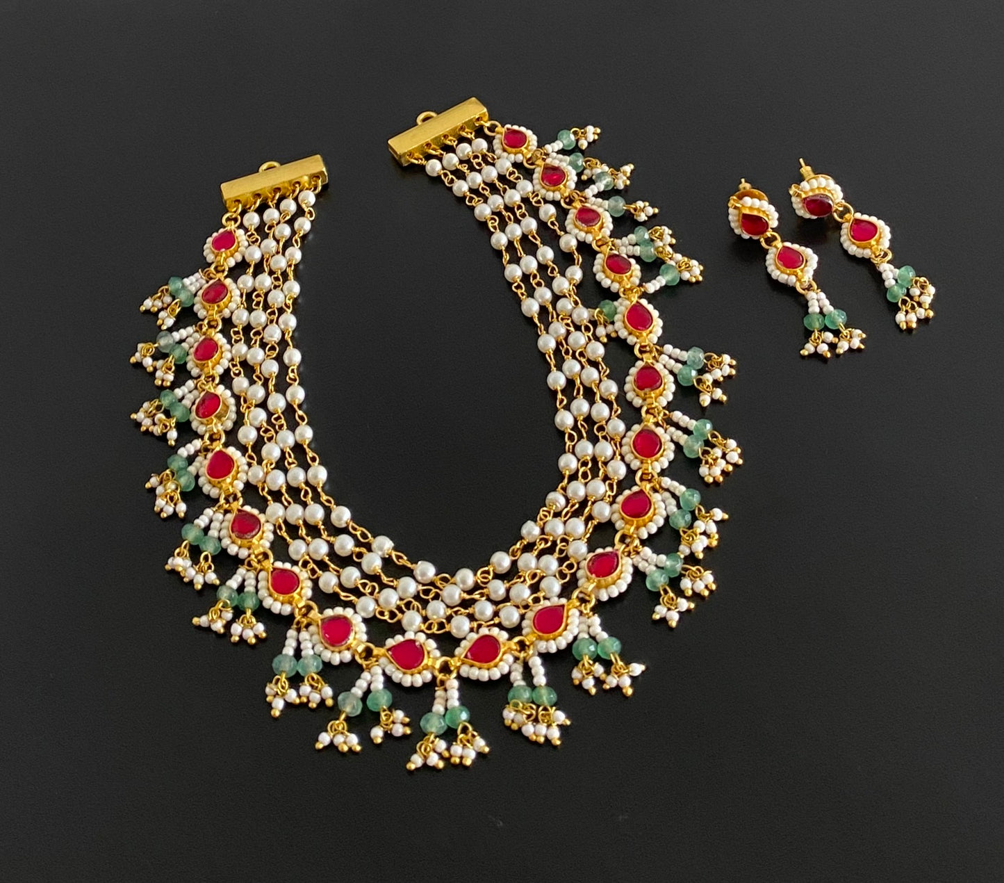 Gold tone kundan jadau pearl multi layer necklace set dj-54506