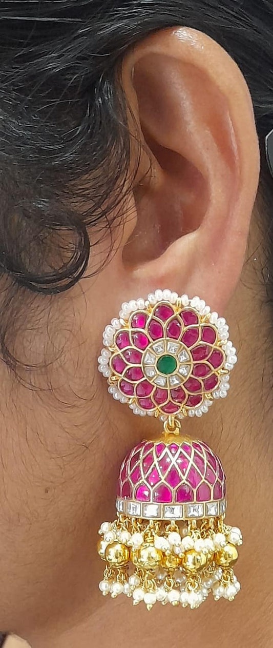 Matte finish pink-green-white pearl kundan jadau flower jhumkka dj-47091