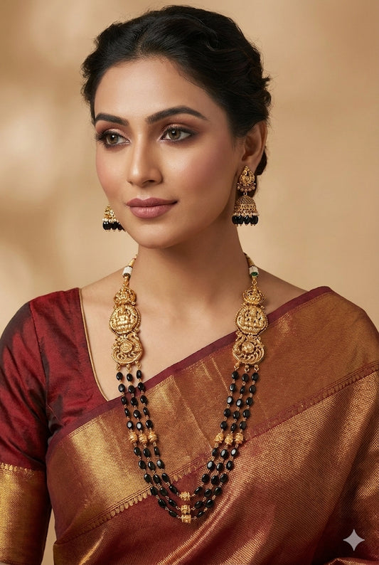 Antique gold tone black beaded lakshmi peacock multi layer haar set dj-52425