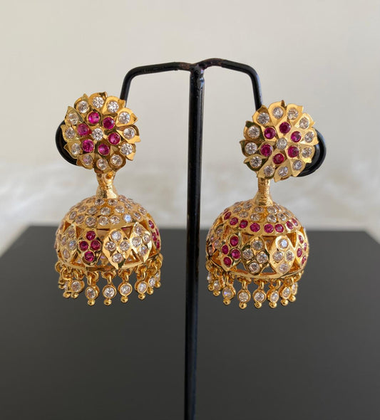 Gold tone south indian style AD pink-white jhumkka dj-50498