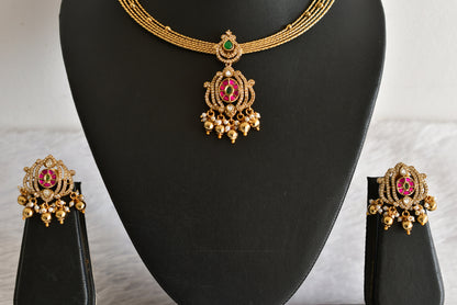 Antique gold tone pink-green kundan jadau kante necklace set dj-52418