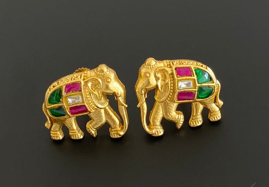 Gold tone pink-green-white kundan jadau elephant earrings dj-53535