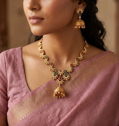 Matte Finish Cz Ruby-green Jhumkka Pendant Necklace Set DJ32344