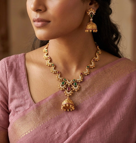 Matte Finish Cz Ruby-green Jhumkka Pendant Necklace Set DJ32344