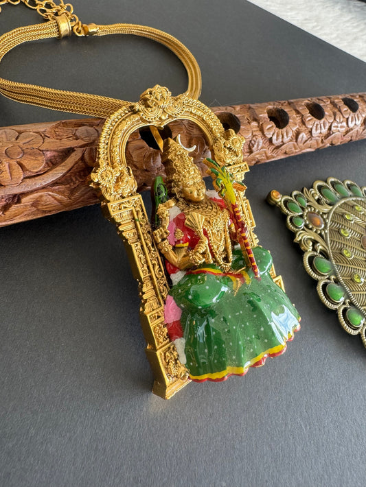 Matte finish green meenakari big Ma Kamakshi pendant necklace dj-52073