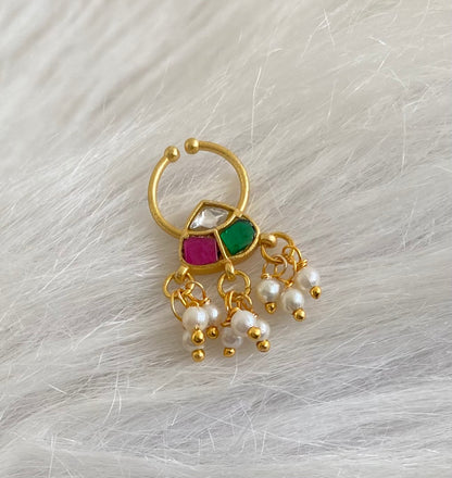 Gold tone kundan jadau pink-white-green stone pearl nose pin/bulakku dj-53798