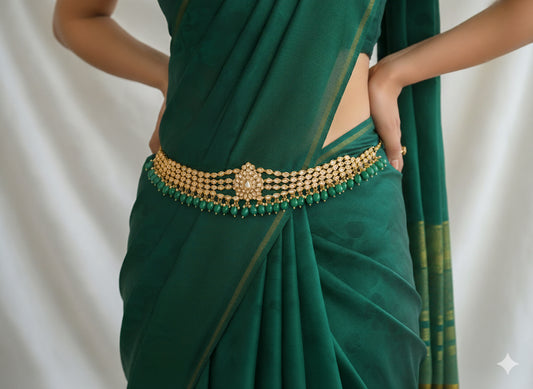 Antique gold tone polki green beaded waist band dj-23107