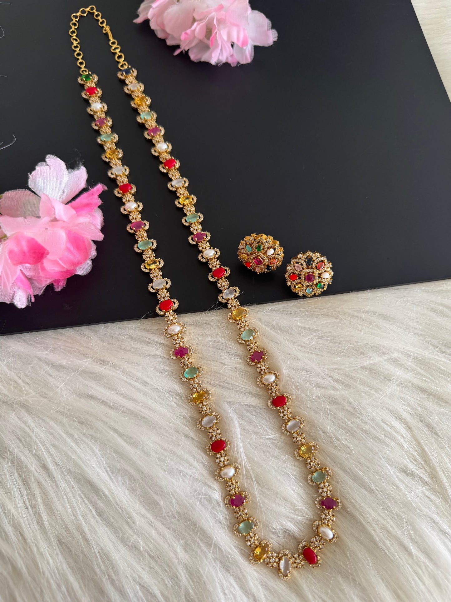 Matte finish cz navarathna oval stone lakshmi coin short haar set dj-51238