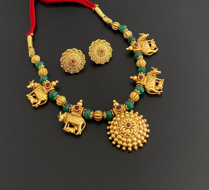 Antique gold tone green beaded kamadhenu necklace set dj-54956