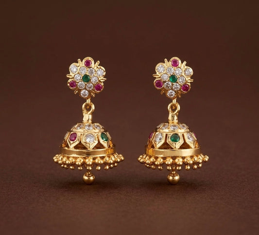 Gold look alike AD ruby-green-white stone jhumkka dj-53583