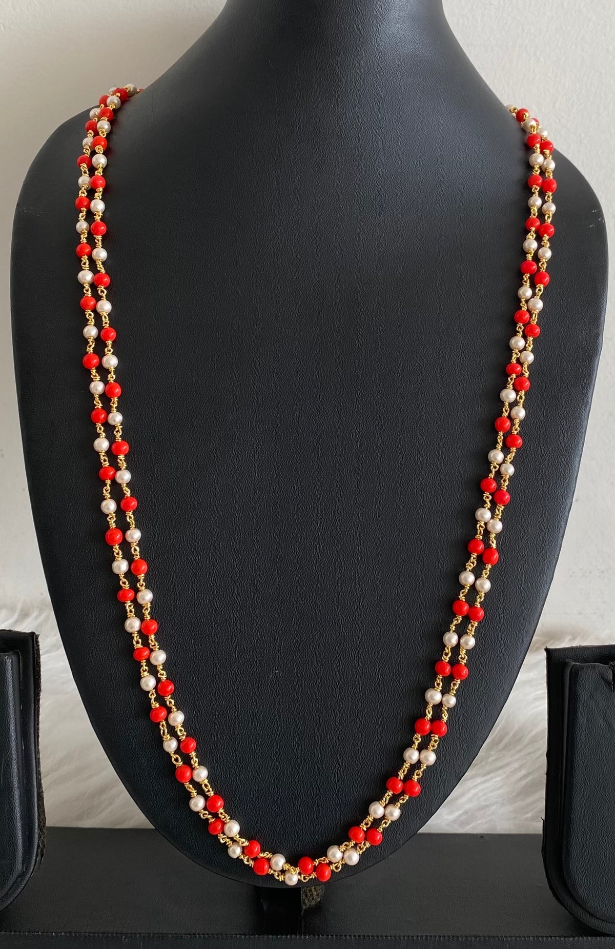 Gold tone double layer coral-pearl chain dj-54977