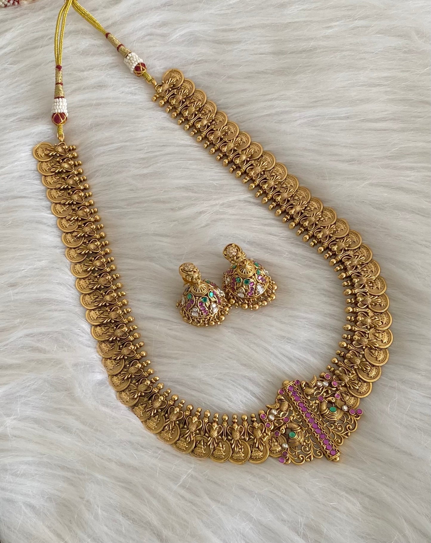 Antique gold tone pink-green-white peacock lakshmi coin haar set dj-54604