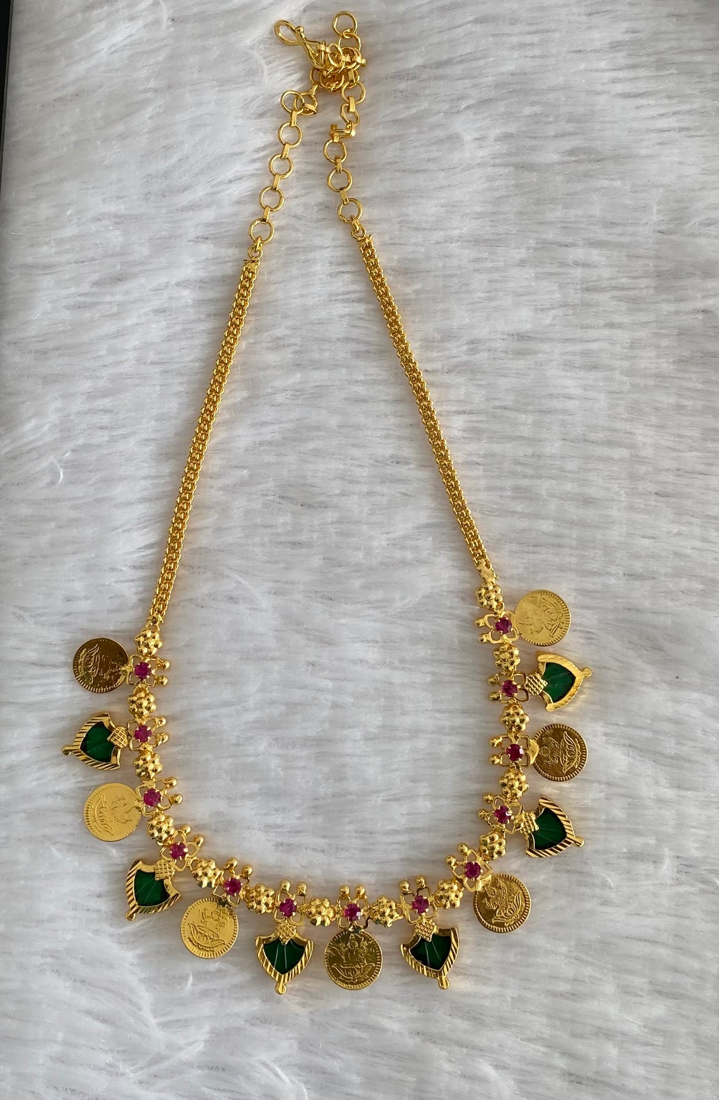 Gold tone kerala style pink-green palakka lakshmi coin necklace dj-53143