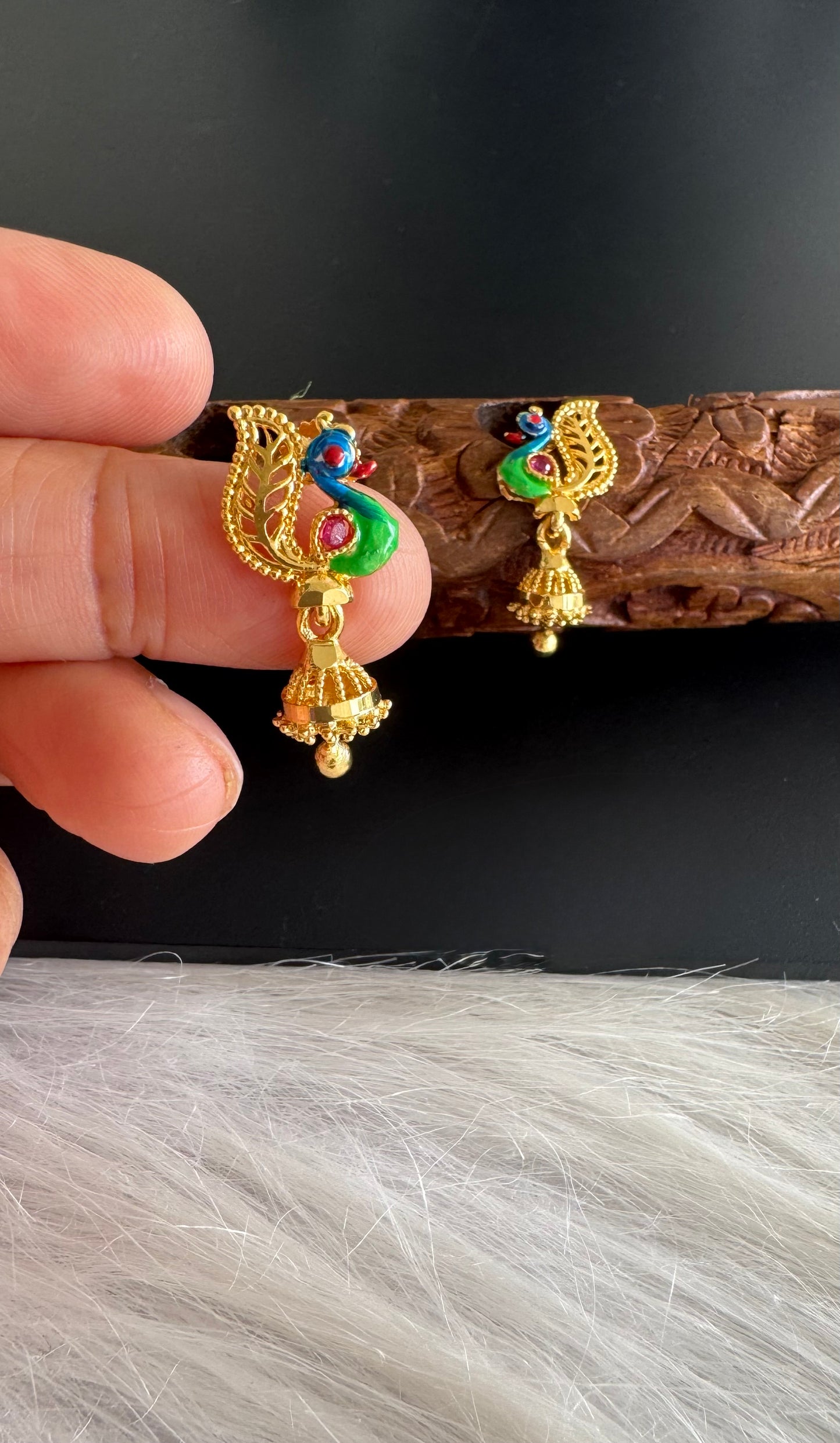 Gold tone blue-green small enamel peacock jhumkka dj-51289