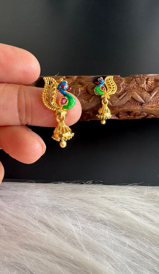 Gold tone blue-green small enamel peacock jhumkka dj-51289