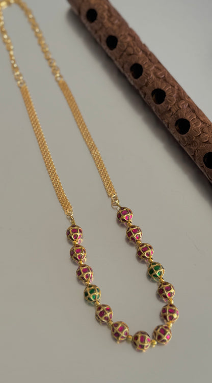 Matte finish pink-green stone jadau beaded chain dj-51512