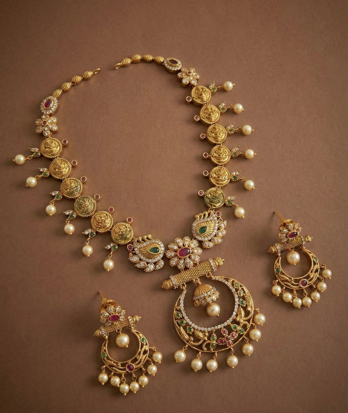 Matt Finish cz ruby-green pearl lakshmi coin necklace set DJ30807