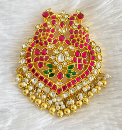 Gold tone pink-green-white kundan jadau peacock pendant dj-53176