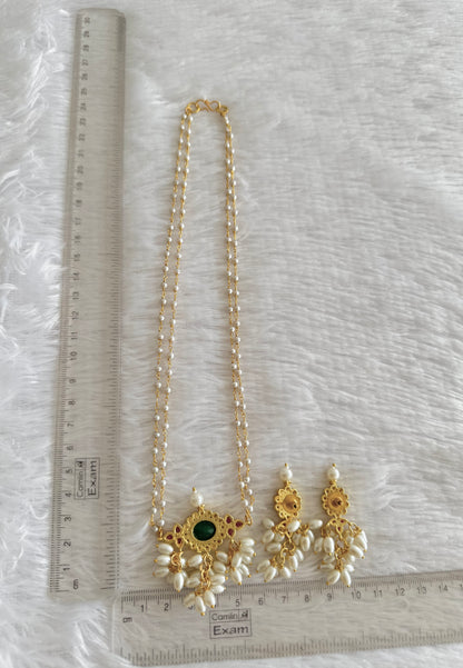 Gold tone Ruby-Green Gutta pusalu Pearl Chain Set dj-52107