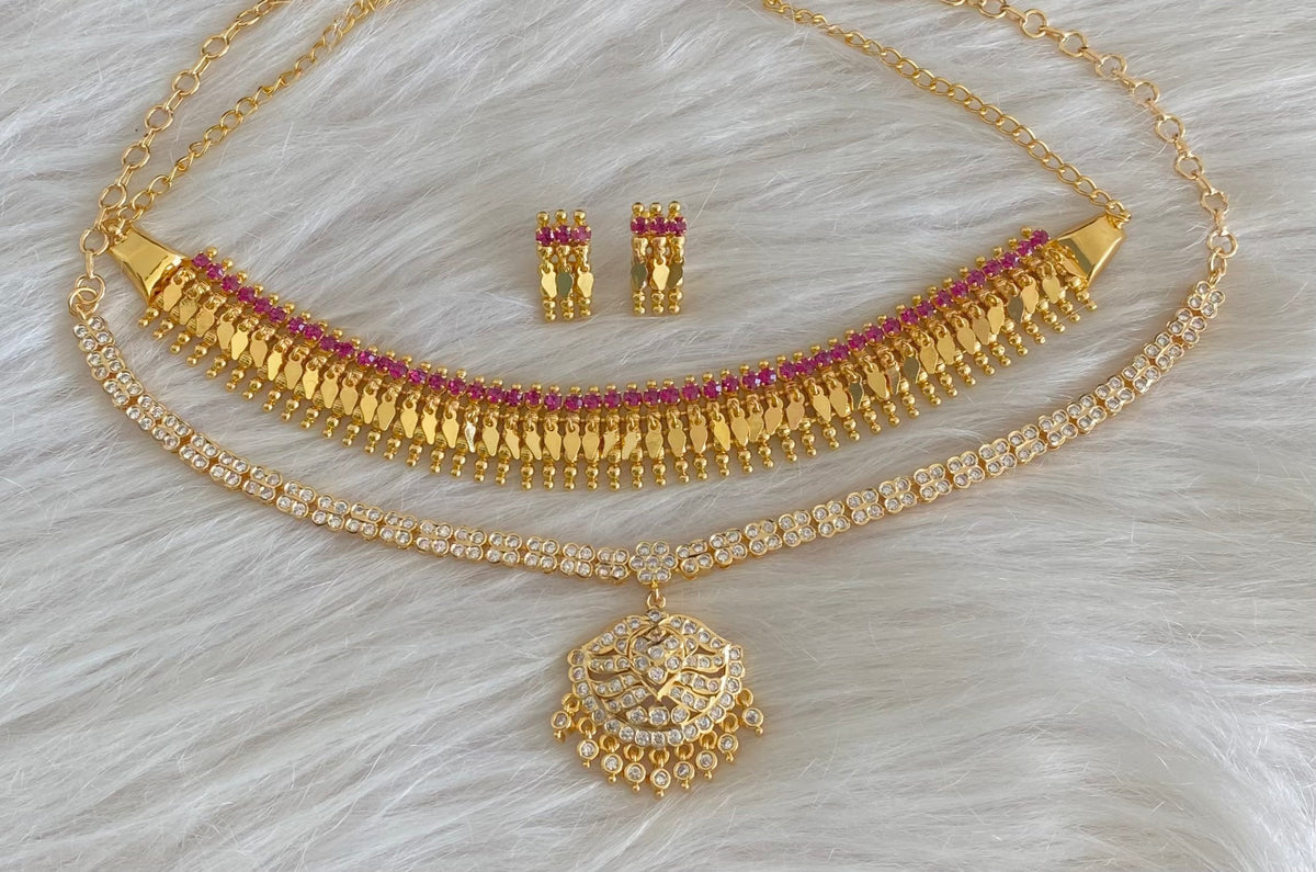 Gold tone pink-white stone combo necklace set dj-55105