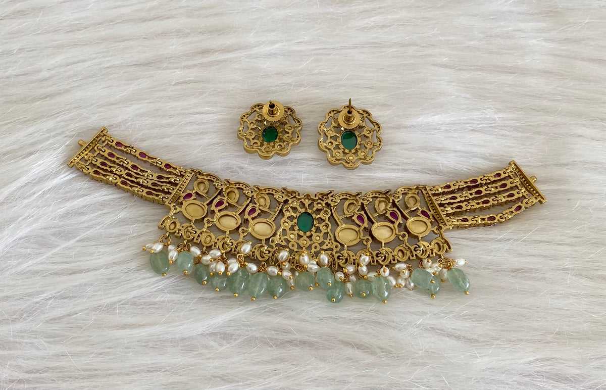 Antique gold tone peacock kundan sea green beaded choker necklace set dj-54799
