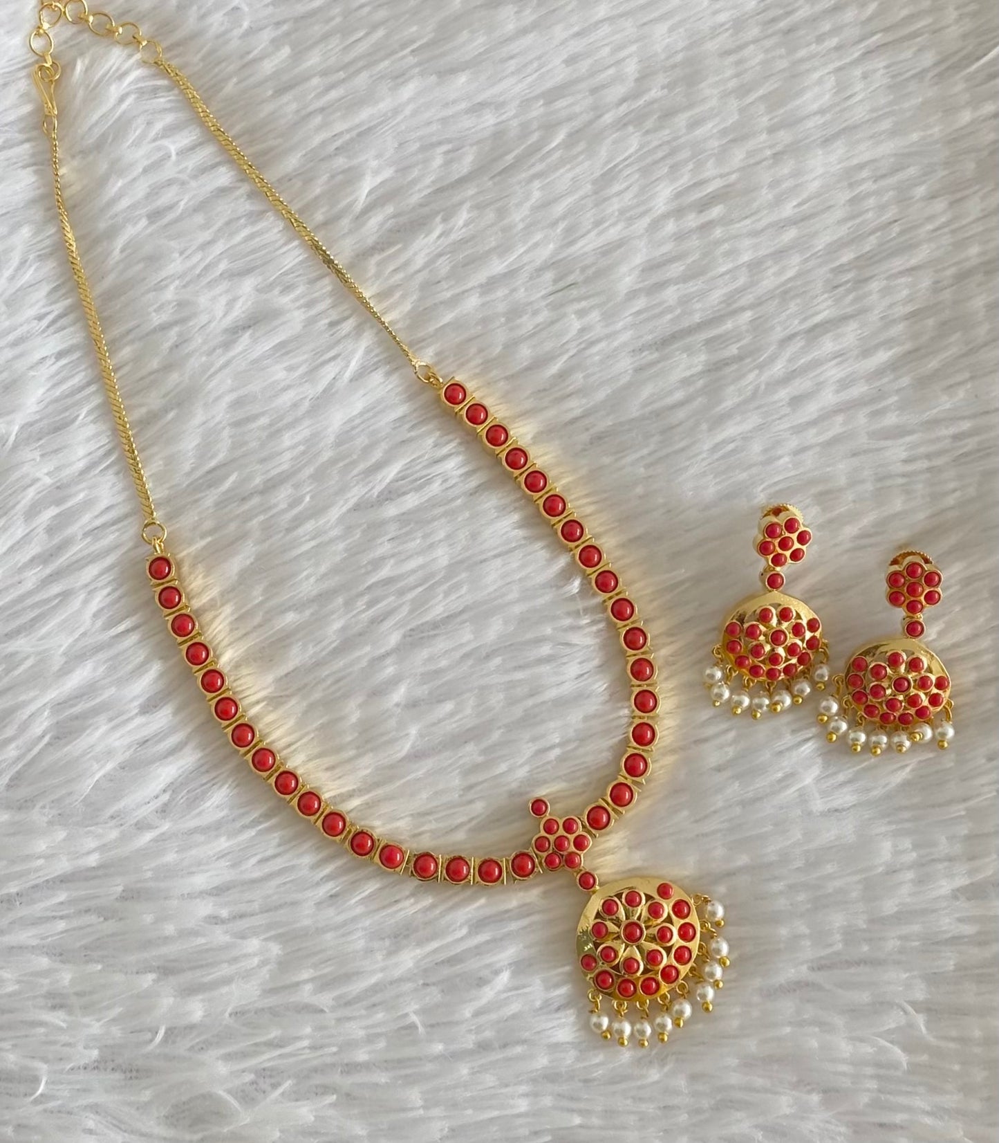 Gold tone coral south Indian style necklace set dj-54405