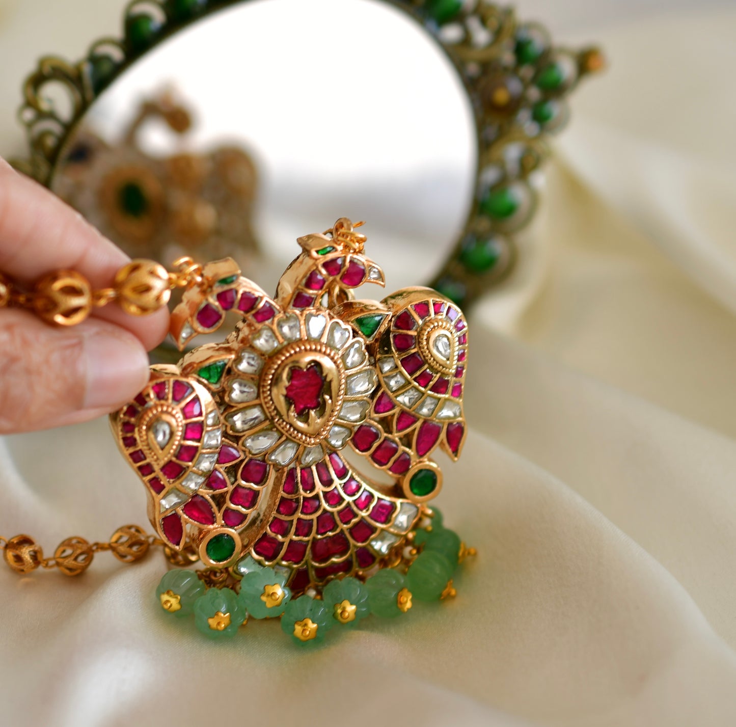 Gold tone pink-green kundan jadau Gandaberunda reversible necklace dj-52597