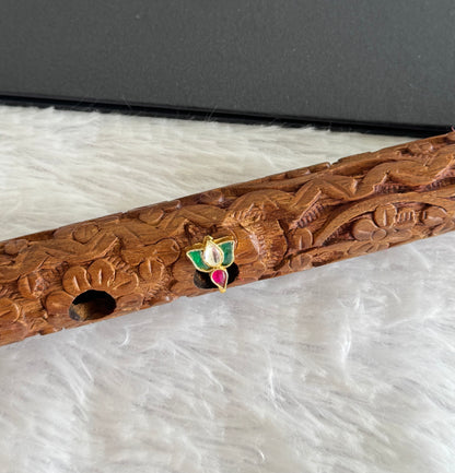 Gold tone pink-green-white kundan jadau lotus Nose Pin Dj-51419