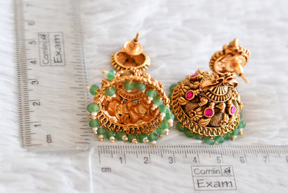 Antique gold tone pink green beaded swan jhumkka dj-52504