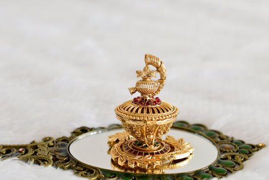 Antique gold tone kemp-green Kalash kumkum box dj-52318