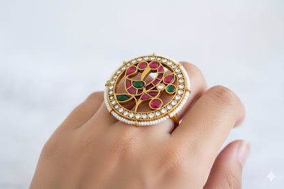 Gold tone pink-green-pearl kundan jadau round peacock finger ring dj-52367