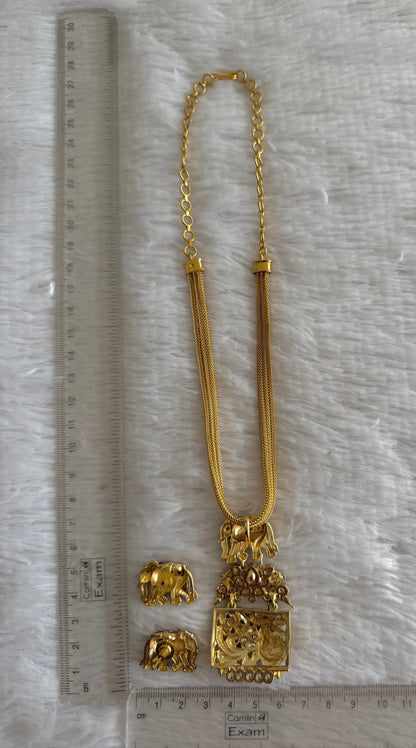 Antique gold tone pink-green elephant jadau necklace set dj-51833