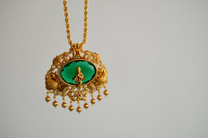 Gold tone 18 inches chain with oval green Krishna pendant dj-52615