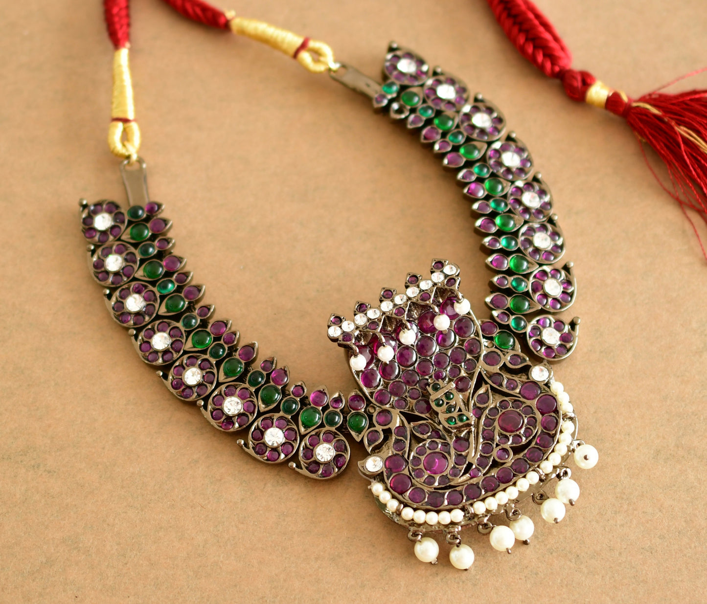 Black finish precious kemp pearl Kalinga Narthana Krishna mango necklace dj-51764