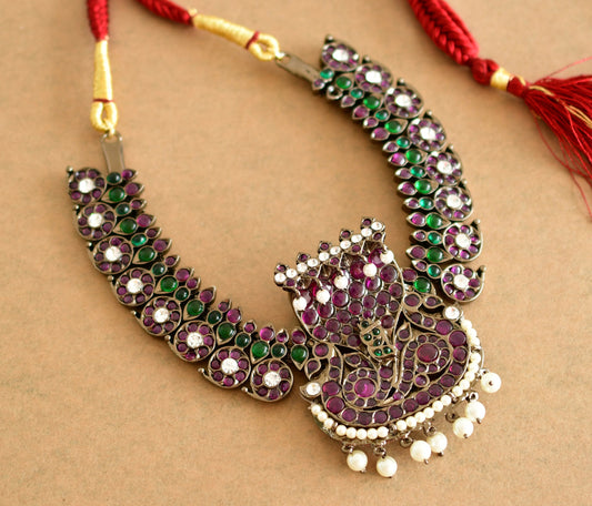 Black finish precious kemp pearl Kalinga Narthana Krishna mango necklace dj-51764