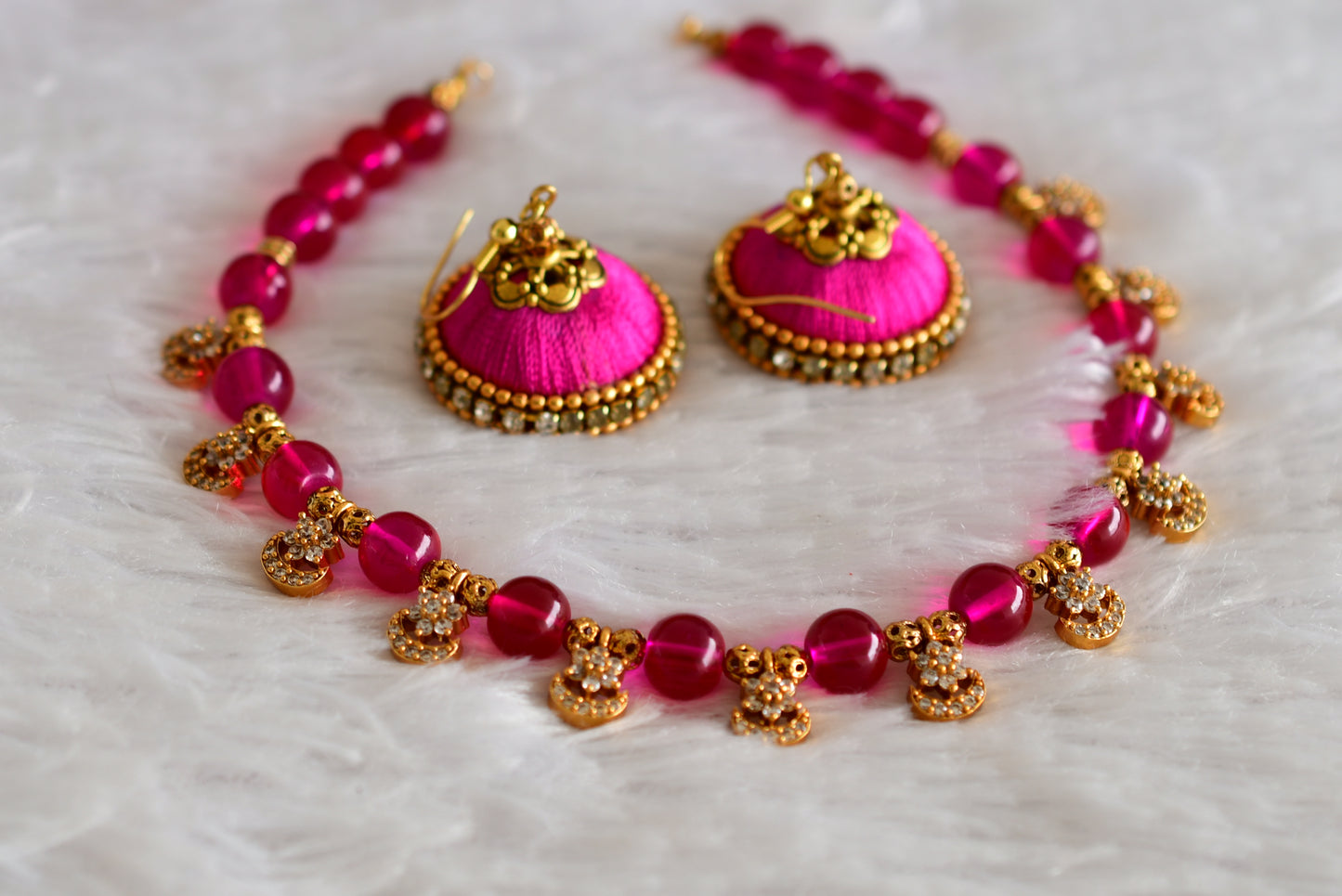 Gold tone cz flower Pink beaded Necklace Set dj-51947