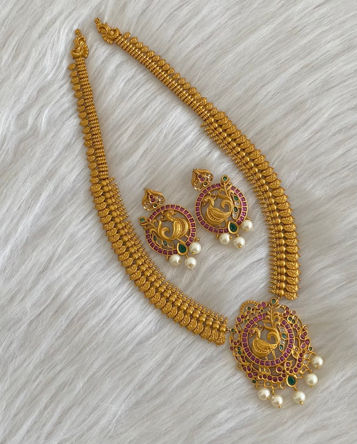 Matte finish kemp-green pearl peacock lakshmi coin haar set dj-54998
