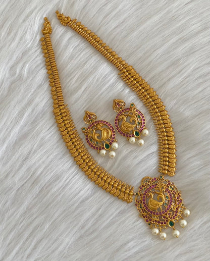 Matte finish kemp-green pearl peacock lakshmi coin haar set dj-54998