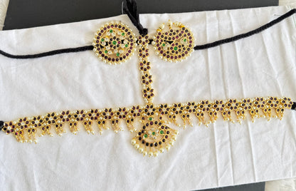 Gold tone precious kemp-green-white pearl cluster with sun and moon head set/tikka dj-52014