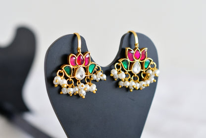 Gold tone pink-green kundan jadau lotus bugadi earrings dj-52468