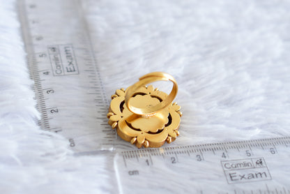 Gold tone pink-green-pearl kundan jadau flower finger ring dj-52369