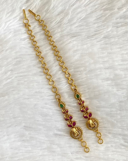 Antique gold tone pink-white-green stone ganesha ear side chain dj-54047