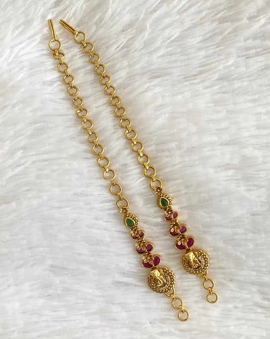Antique gold tone pink-white-green stone ganesha ear side chain dj-54047