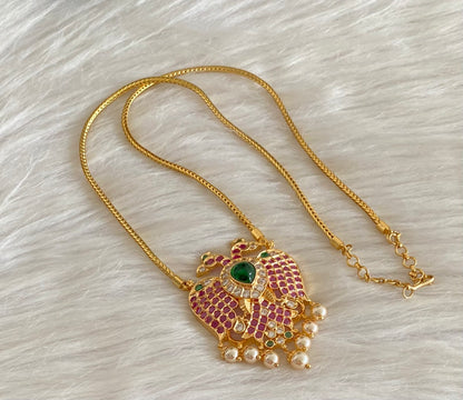 Gold tone chain with kemp-green-white pearl gandaberunda pendant dj-55112