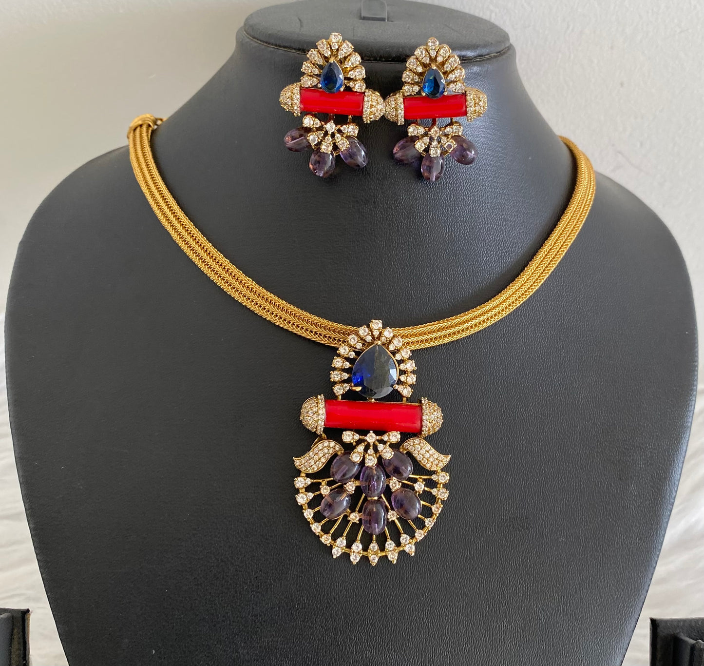 Antique gold tone coral purple beaded necklace set dj-54263