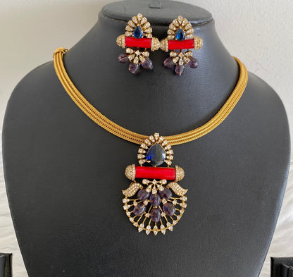 Antique gold tone coral purple beaded necklace set dj-54263