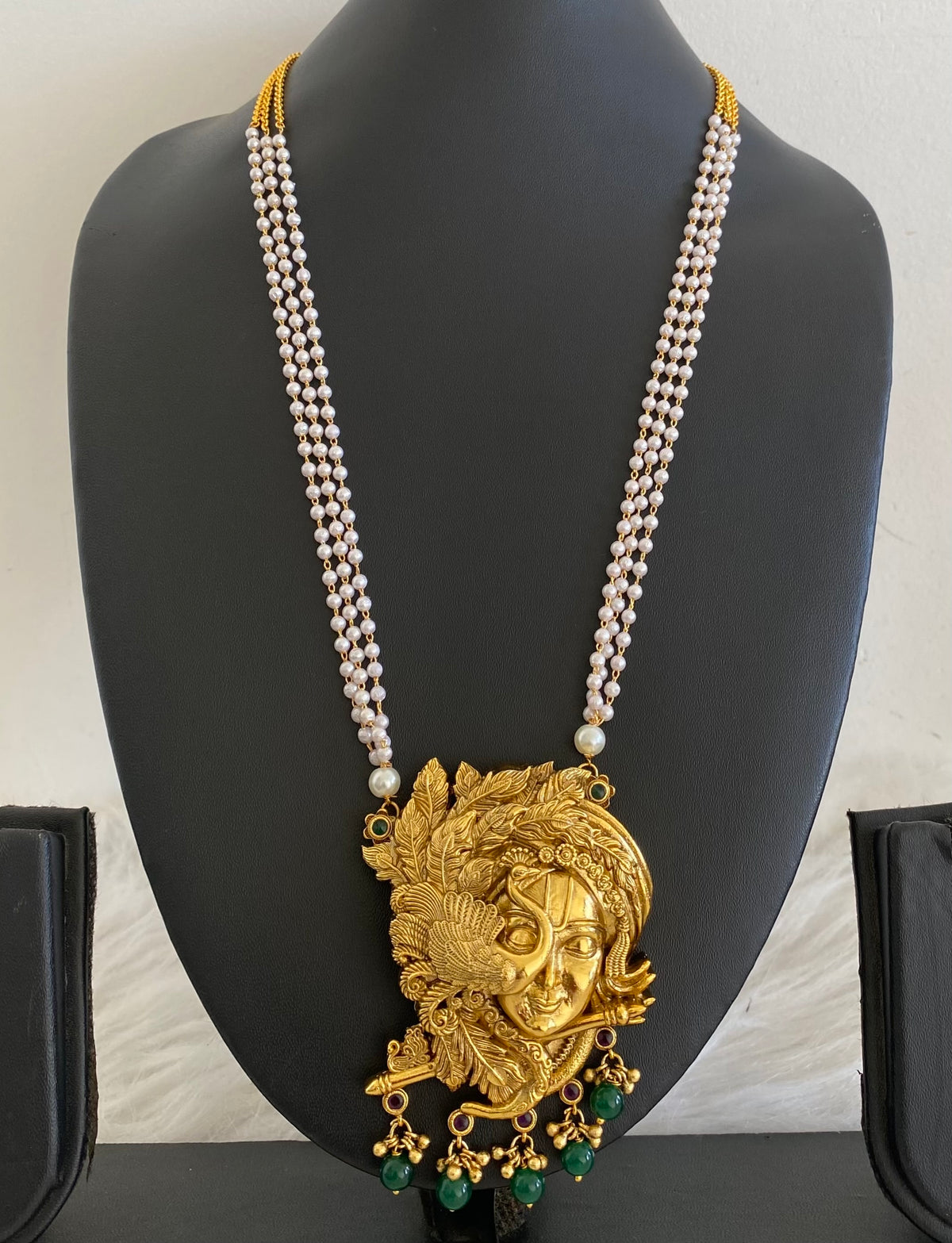 Antique gold tone shri krishna green beaded pearl mid/length haar dj-54759