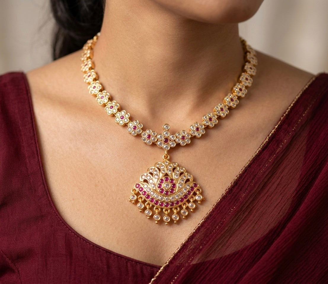 Gold tone AD white-pink stone south Indian flower necklace dj-54207